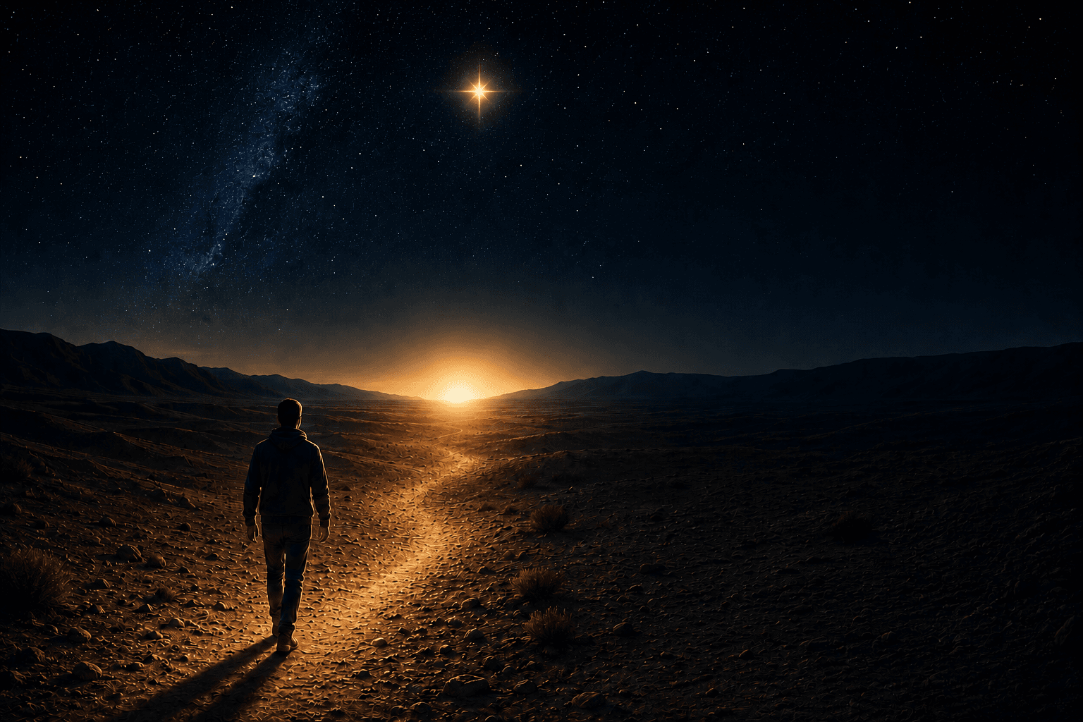 A figure walks a lit path toward a rising star under the night sky